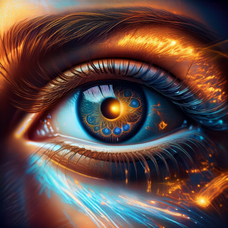 Close-up of a vividly detailed eye with intricate swirling patterns and vibrant colors, representing a fusion of art and anatomy.