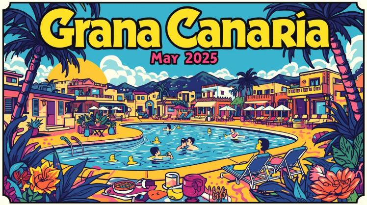 Colorful illustration of Gran Canaria in May 2025, featuring a swimming pool surrounded by vibrant buildings, palm trees, and people enjoying leisure activities.