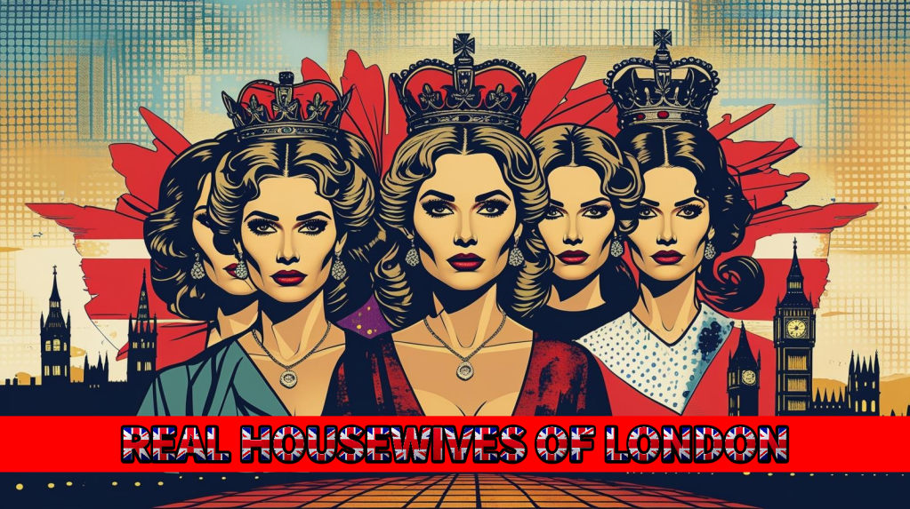 A stylized graphic featuring five women portrayed with elegant hairstyles and crowns, representing the series 'Real Housewives of London,' set against a backdrop of iconic London landmarks.