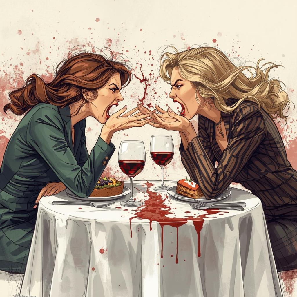 Two women angrily confront each other across a table, with spilled red wine and food items present, illustrating a dramatic and tense moment.