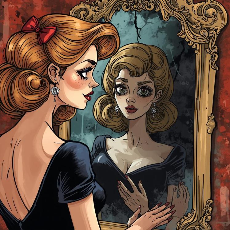 An illustrated woman with vintage-style hair and attire gazes into an ornate mirror, reflecting a contrasting image of herself with a different hairstyle and expression.
