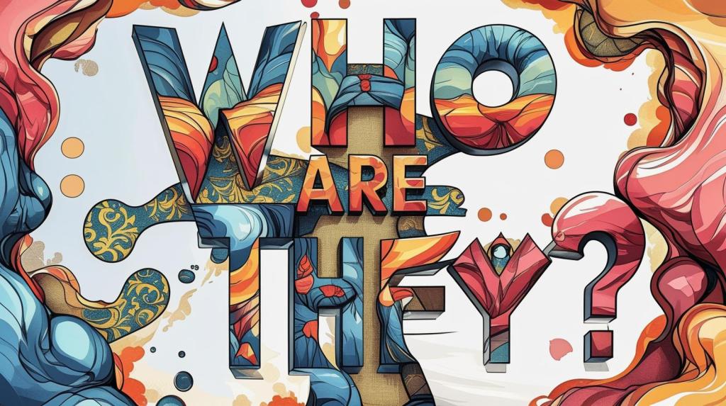 A colorful artistic illustration featuring stylized text that reads "WHO ARE THEY?" in a bold, eye-catching design. The background includes vibrant swirls and intricate patterns, blending various colors and textures.