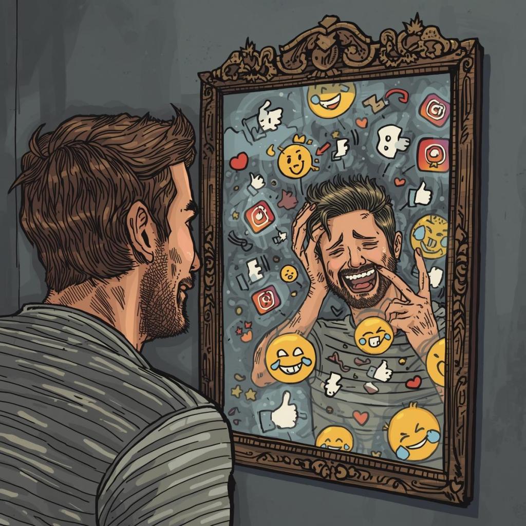An illustration of a man looking into a mirror, where his reflection shows him overwhelmed by social media icons and emojis, symbolizing the emotional impact of digital culture.