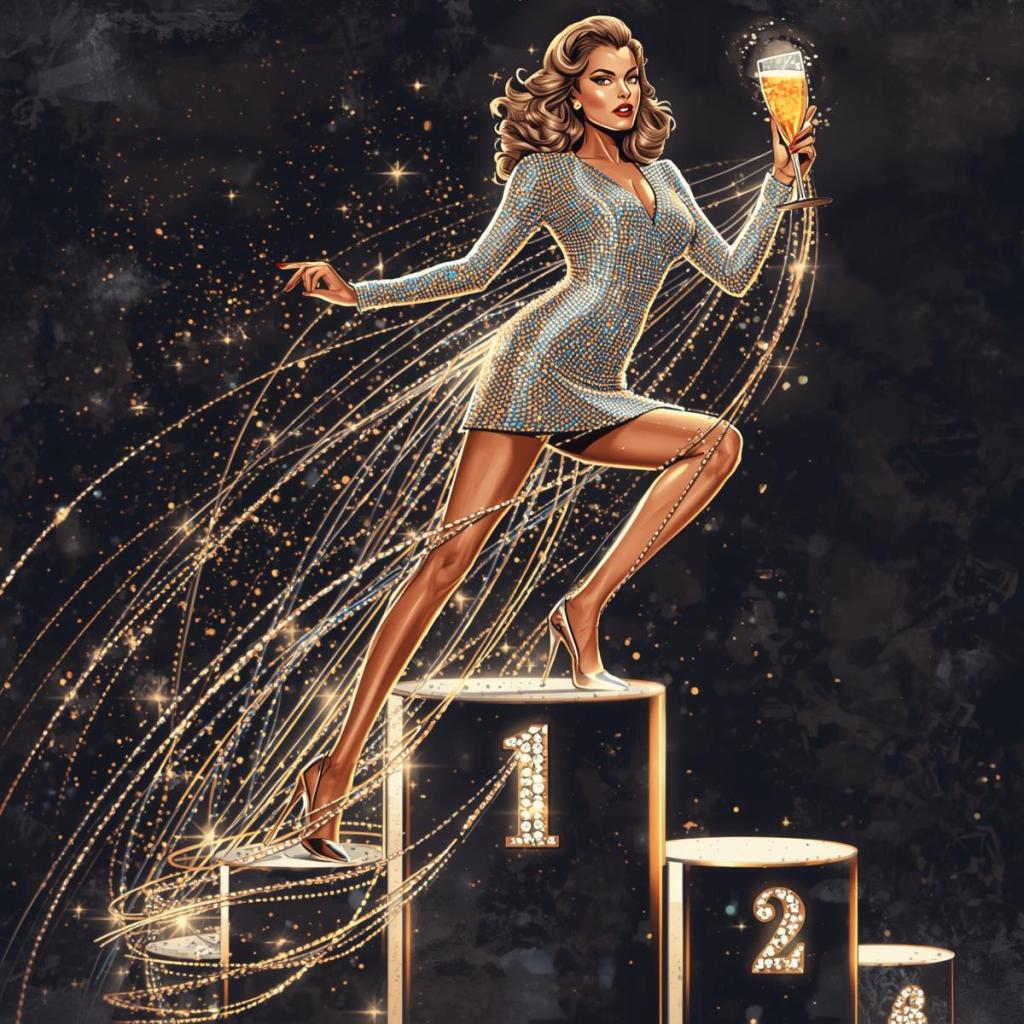 A glamorous woman in a sparkling dress stands confidently on a winner's podium, holding a drink, amidst a backdrop of shimmering lights and dazzling effects.