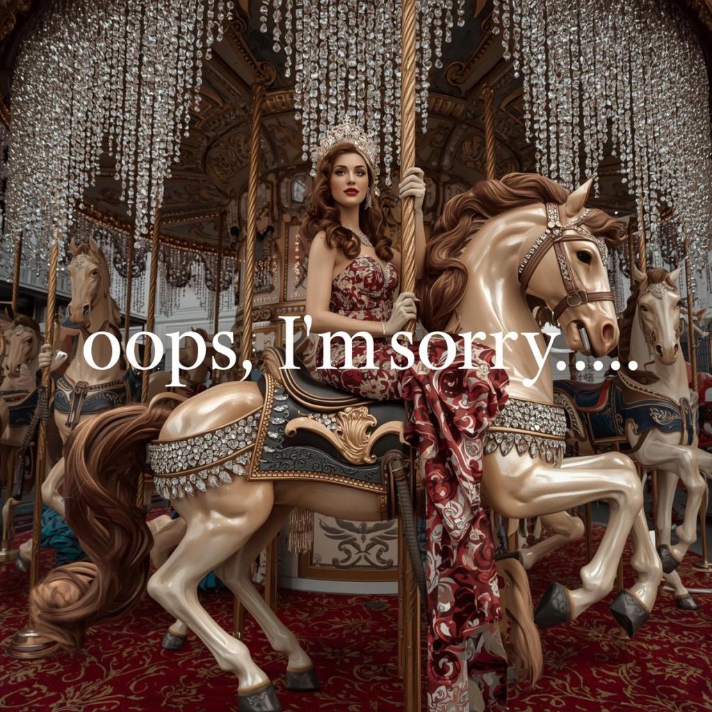 A glamorous woman in a red dress and tiara sits on a golden carousel horse, surrounded by ornate decorations and a shimmering backdrop, with the text 'oops, I'm sorry.....' prominently displayed.