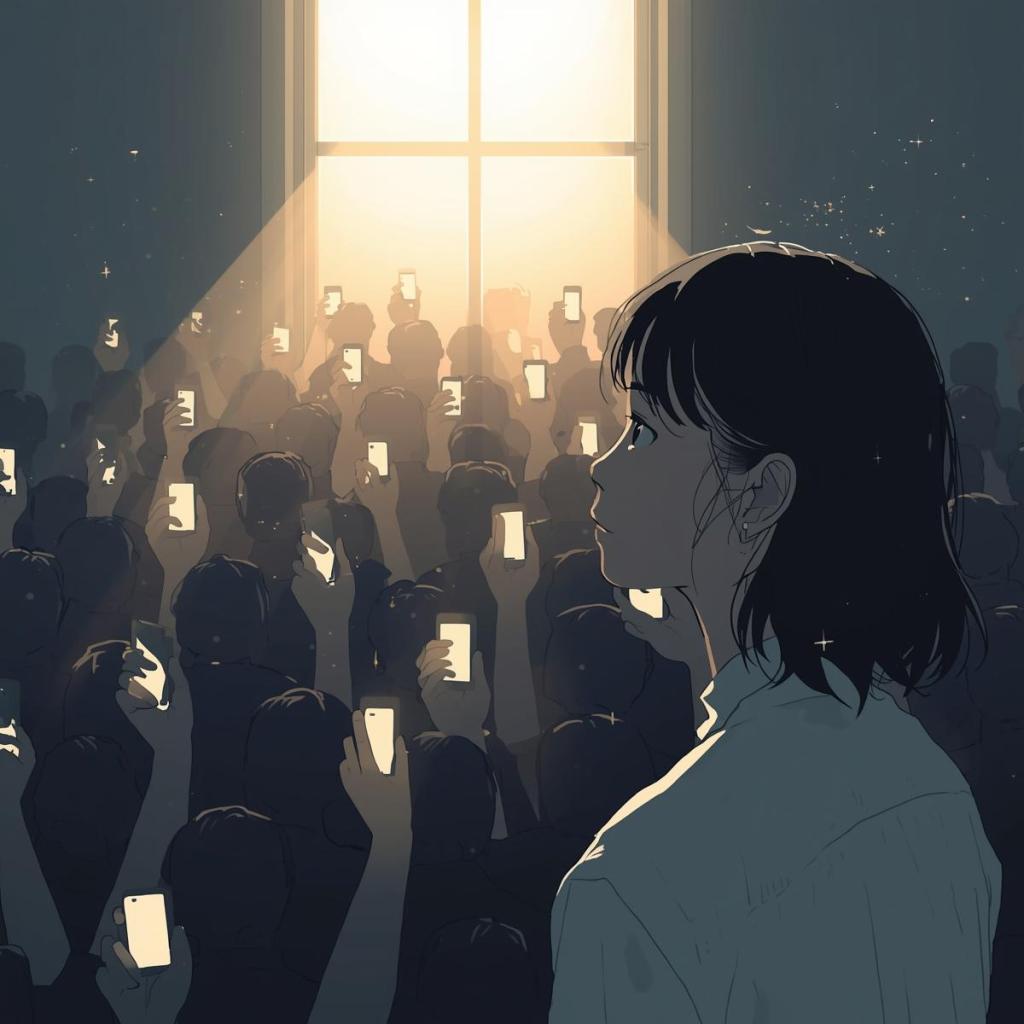 A young woman stands in a crowd illuminated by the light of smartphones, reflecting the impact of social media on personal connection.