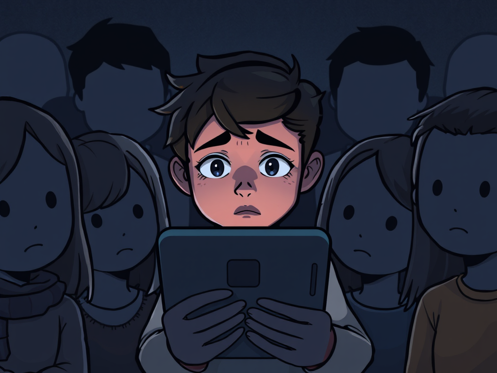 A young person gazes at a tablet screen, surrounded by shadowy figures with concerned expressions, highlighting themes of isolation and digital overstimulation.