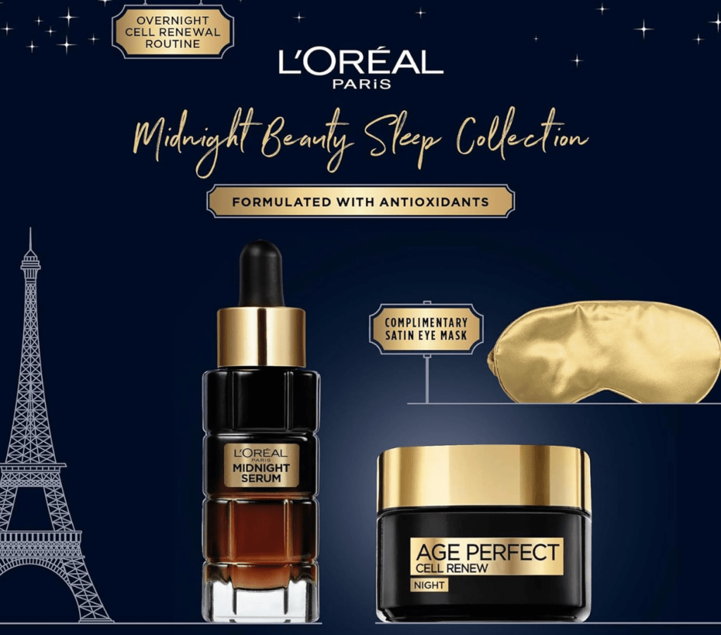 L'Oréal Paris Midnight Beauty Sleep Collection featuring a midnight serum, age perfect cell renew night cream, and a complimentary satin eye mask, set against a starry background with the Eiffel Tower.