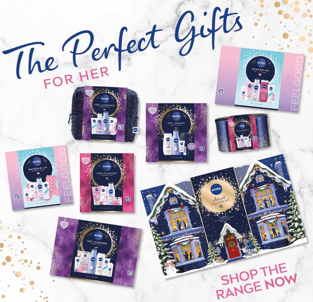 Image showcasing NIVEA skincare gift packs and related products arranged aesthetically with decorative elements, featuring titles like 'The Perfect Gifts For Her'.