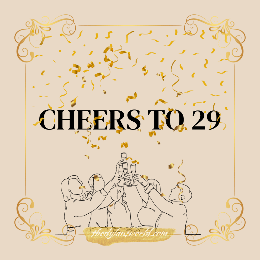 Illustration of people toasting with champagne glasses, surrounded by gold confetti, with the text 'CHEERS TO 29' prominently displayed.